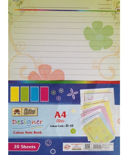 Lotus Designer Colour Sheets - A4 ( One Side Ruled) - 20 Sheets DesgnFour DesgnFour