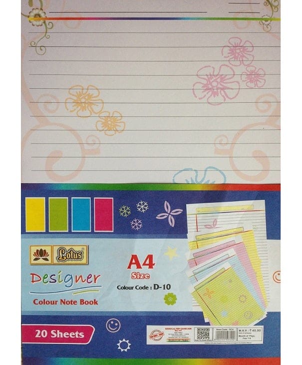 Lotus Designer Colour Sheets - A4 ( One Side Ruled) - 20 Sheets DesgnThree DesgnThree