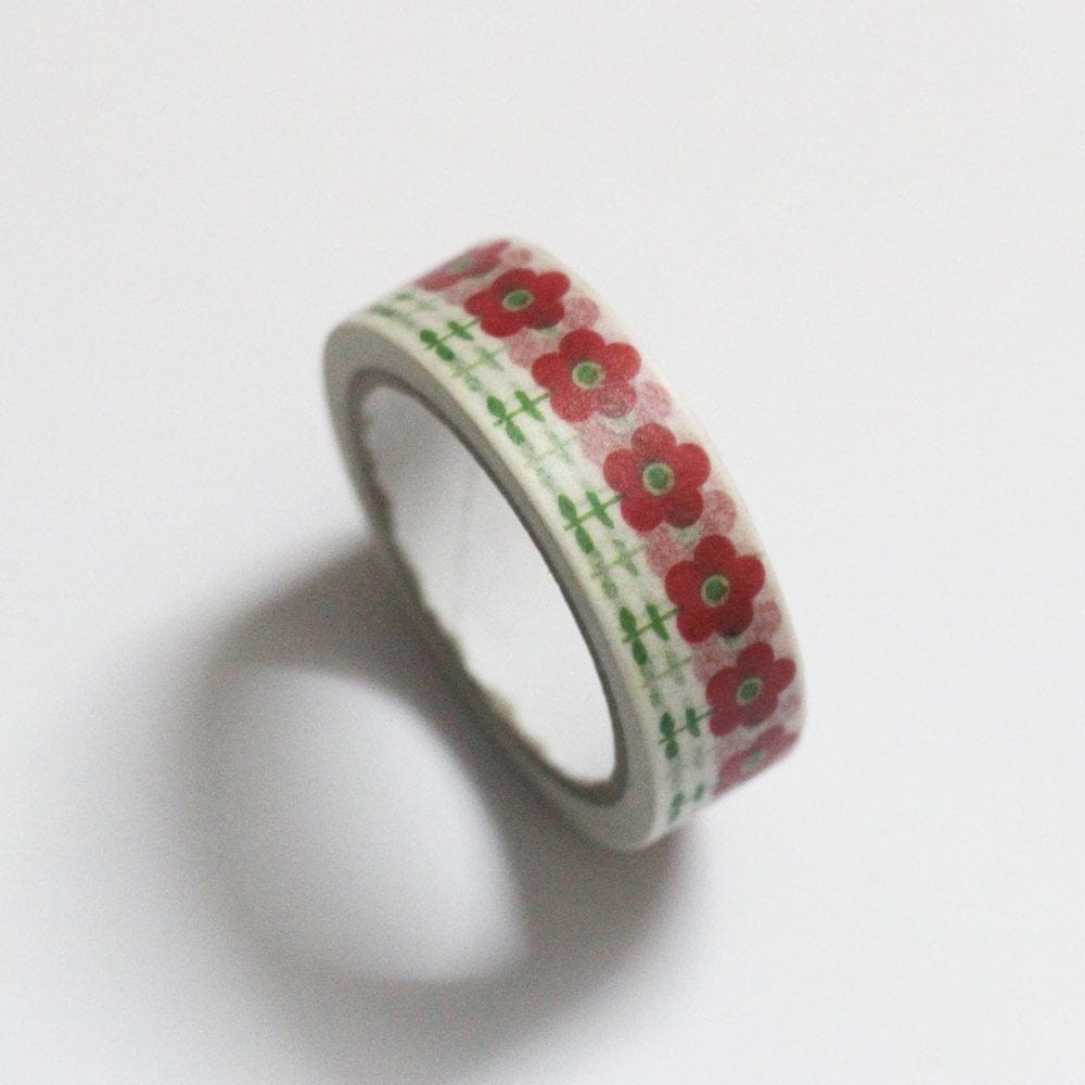 Floral - Red, Green and White - Japanese Washi Tape cawt 90 Floral - Red, Green and White - Japanese Washi Tape
