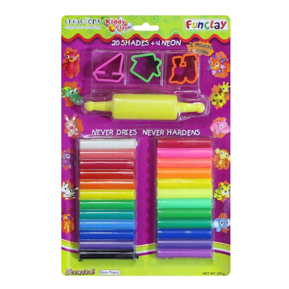 Kiddy FunClay (Pack of 24 Colours WIth Moulds and Roller) st 300 24 3sm r Kiddy FunClay (Pack of 24 Colours WIth Moulds and Roller)