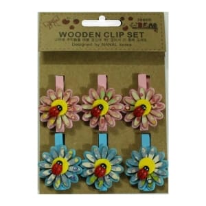 Wooden Clip Set - Patterned flower with beetles