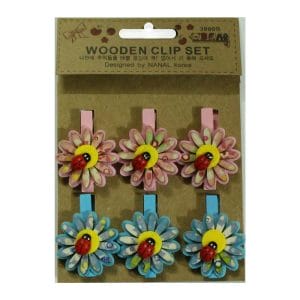 Wooden Clip Set - Patterned flower with beetles
