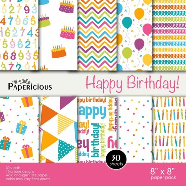 Papericious Designer Collection - Happy Birthday (8 by 8 patterned paper)