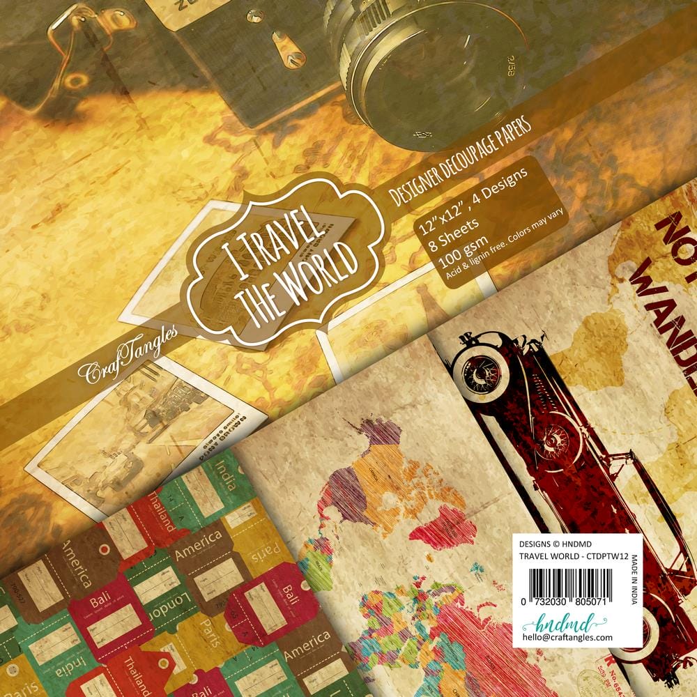 CrafTangles Decoupage Paper Pack - I Travel the World (12 by 12 inch) - 4 sheets I Travel The World Decoupage Cover CrafTangles Decoupage Paper Pack - I Travel the World (12 by 12 inch) - 4 sheets