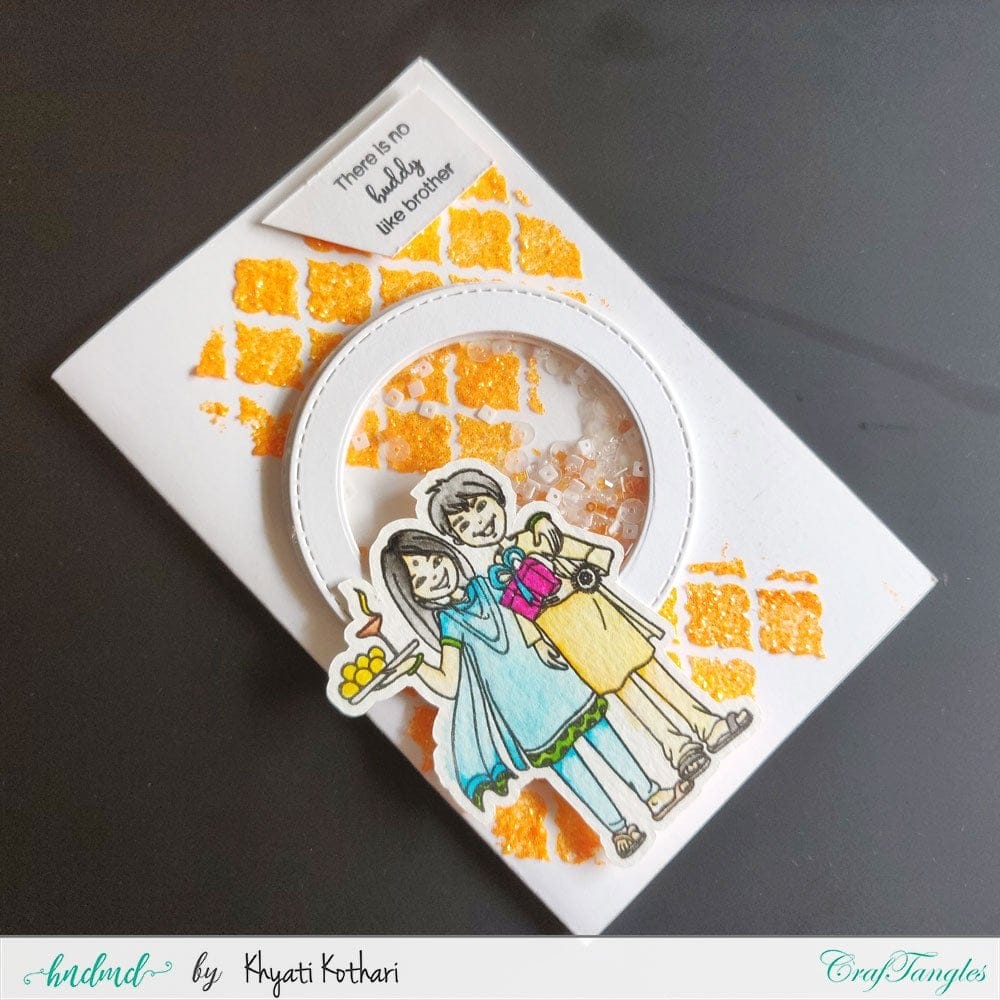 Rakhi Card shaker card with orange glitter background handmade card HHC 09 There is no buddy like brother glimmer paste HHC-09_There_is_no_buddy_like_brother_glimmer_paste