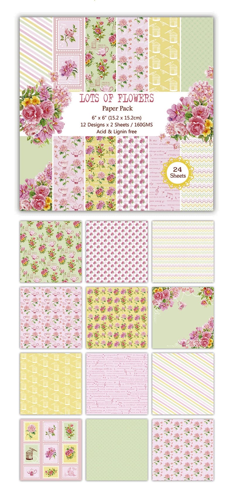 Lots of Flowers Scrapbook Paper (Pack of 24 sheets) - 6 by 6 inch