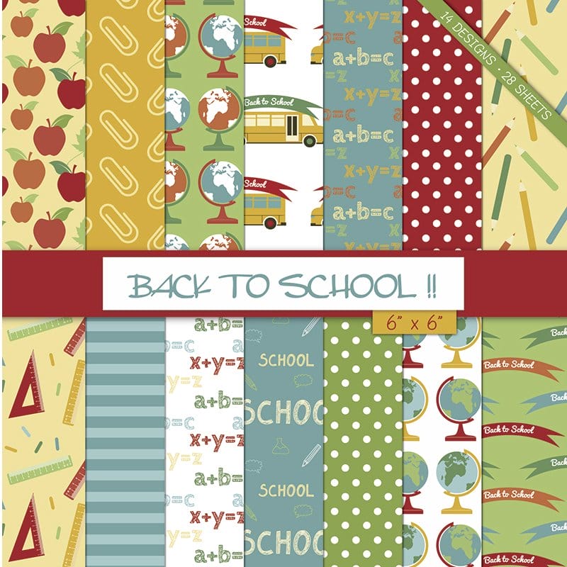 Back to School Scrapbook Paper (Pack of 28 sheets) - 6 by 6 inch