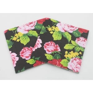 A pack of 12 by 12 inch Decoupage Napkins(5 pcs) - Flowers on Black background