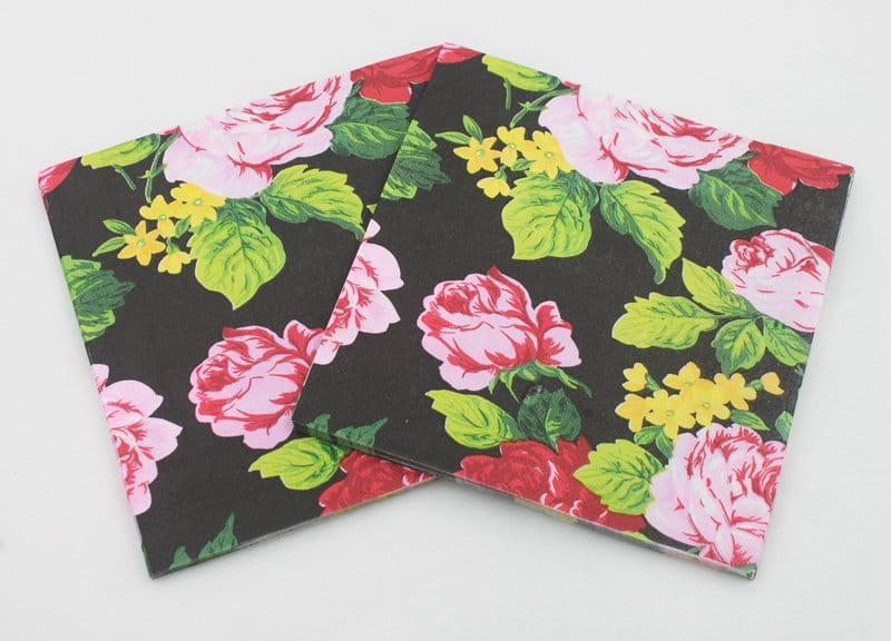 A pack of 12 by 12 inch Decoupage Napkins(5 pcs) - Flowers on Black background
