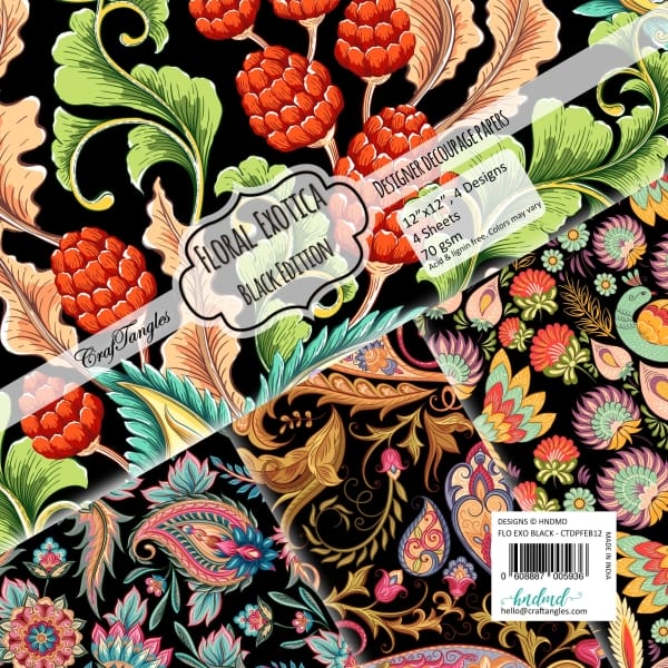 CrafTangles Decoupage Paper Pack - Floral Exotica Black Edition (12 by 12 inch) - 4 sheets