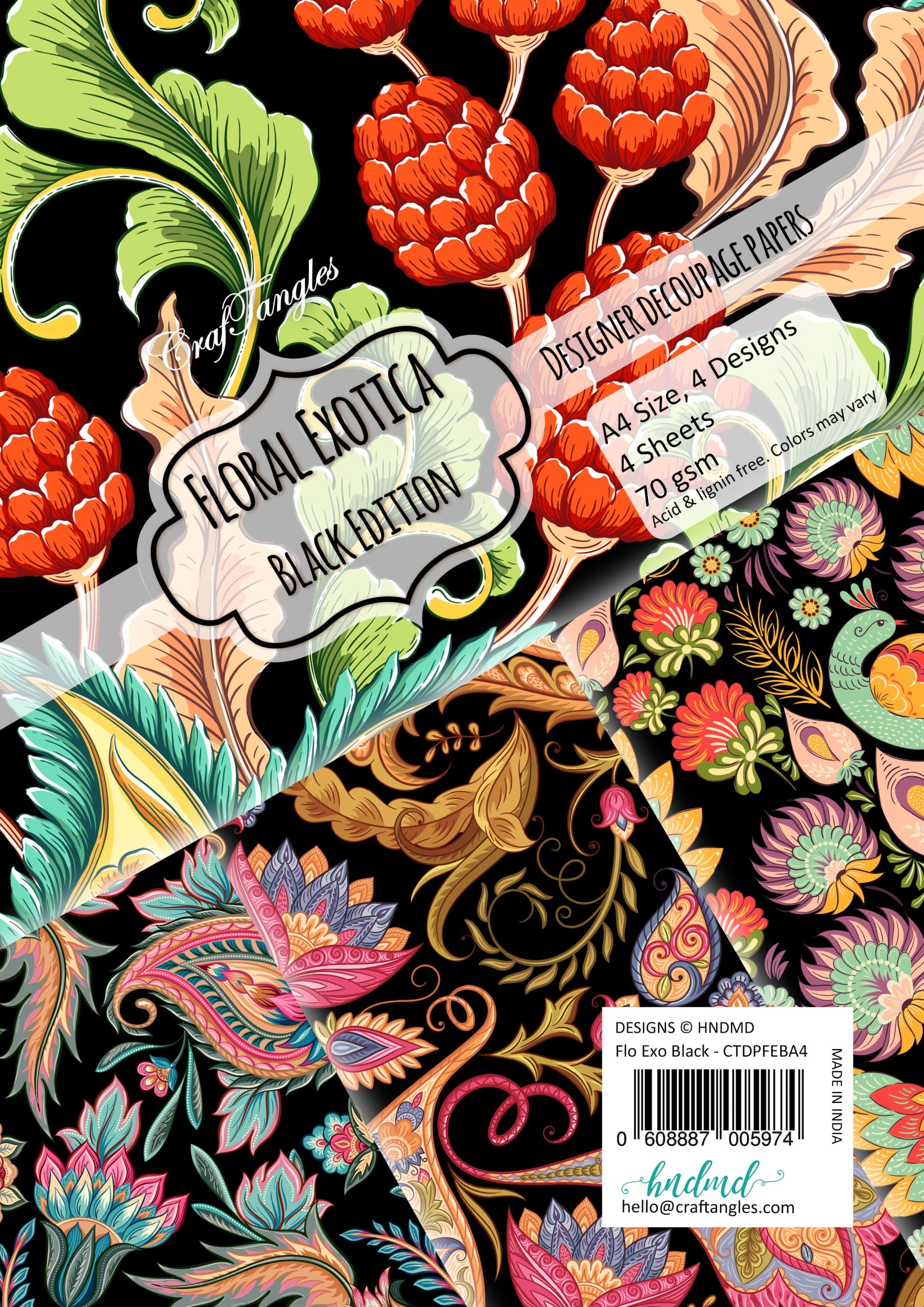 CrafTangles Decoupage Paper Pack - Floral Exotica Black Edition (A4) - 4 sheets