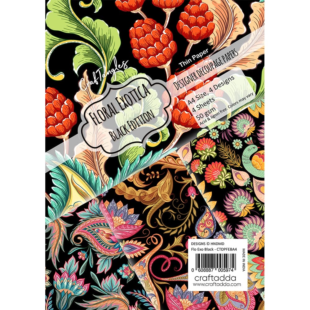 CrafTangles Decoupage Paper Pack - Floral Exotica Black Edition (A4) - 4 sheets Floral exotica Black edition CrafTangles Decoupage Paper 50gsm CrafTangles Decoupage Paper Pack - Floral Exotica Black Edition (A4) - 4 sheets