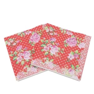 A pack of 12 by 12 inch Decoupage Napkins(5 pcs) - Florals with Polka dot Background (Red)