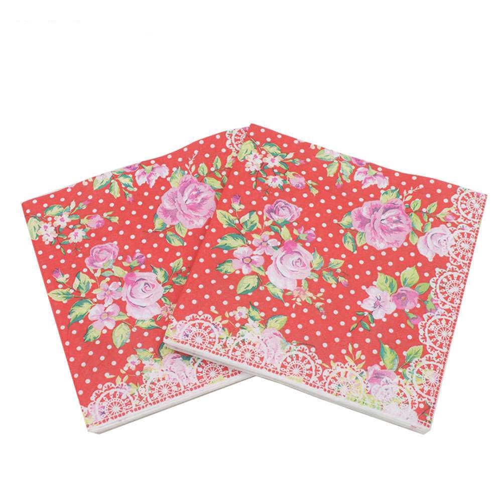 A pack of 12 by 12 inch Decoupage Napkins(5 pcs) - Florals with Polka dot Background (Red)