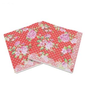 A pack of 12 by 12 inch Decoupage Napkins(5 pcs) - Florals with Polka dot Background (Red)