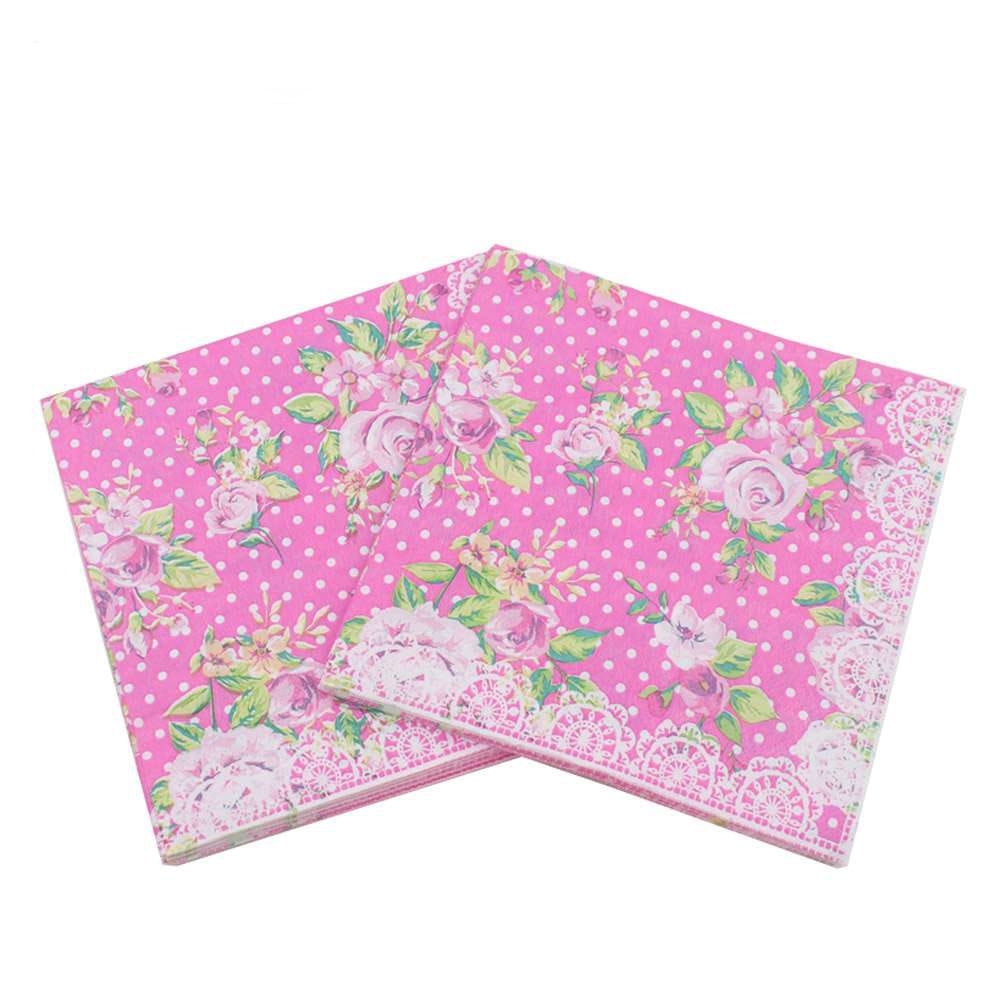 A pack of 12 by 12 inch Decoupage Napkins(5 pcs) - Florals with Polka dot Background (Pink)