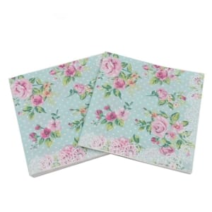 A pack of 12 by 12 inch Decoupage Napkins(5 pcs) - Florals with Polka dot Background (Blue)