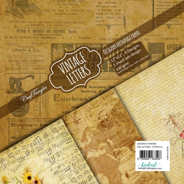 CrafTangles Decoupage Paper Pack - Vintage Letters (12 by 12 inch) - 4 sheets