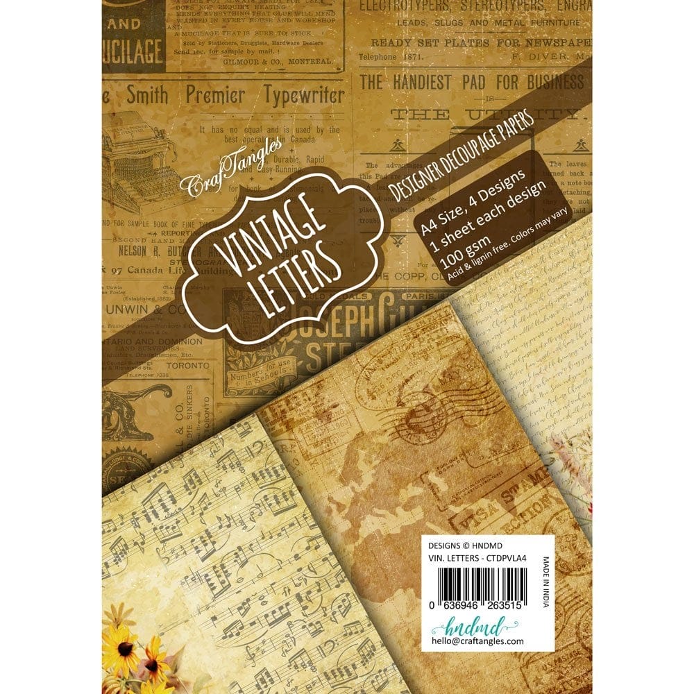 CrafTangles Decoupage Paper Pack - Vintage Letters (A4) - 4 sheets Vintage Letters Decoupage Cover A4 CrafTangles Decoupage Paper Pack - Vintage Letters (A4) - 4 sheets