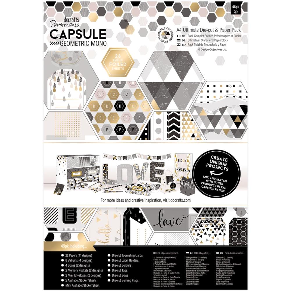 Papermania Ultimate A4 Die-Cuts & Paper Pack 48/Pkg - Geometric Mono papermania docrafts A4 geometric mono Papermania Ultimate A4 Die-Cuts & Paper Pack 48/Pkg - Geometric Mono