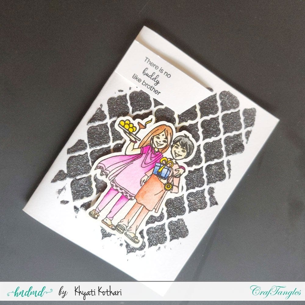 Rakhi Card with grey glitter background handmade card HHC 06 HappyRakshabandhan glimmer paste steel grey HHC-06_HappyRakshabandhan_glimmer_paste_steel_grey