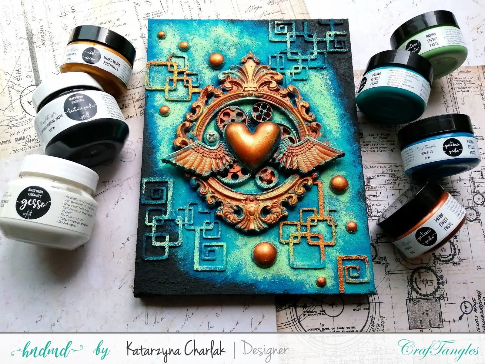 CrafTangles Patina Effect Texture Paste - Mint Green (60 ml) Patina_Katarzyna_Mixed_media_1