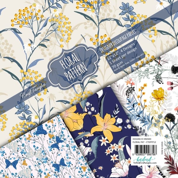 CrafTangles Decoupage Paper Pack - Floral Pattern (12 by 12 inch) - 4 sheets