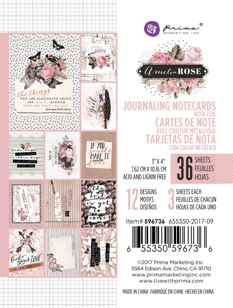 Prima - Amelia Rose Collection - 3 x 4 Journaling Cards with Foil Accents