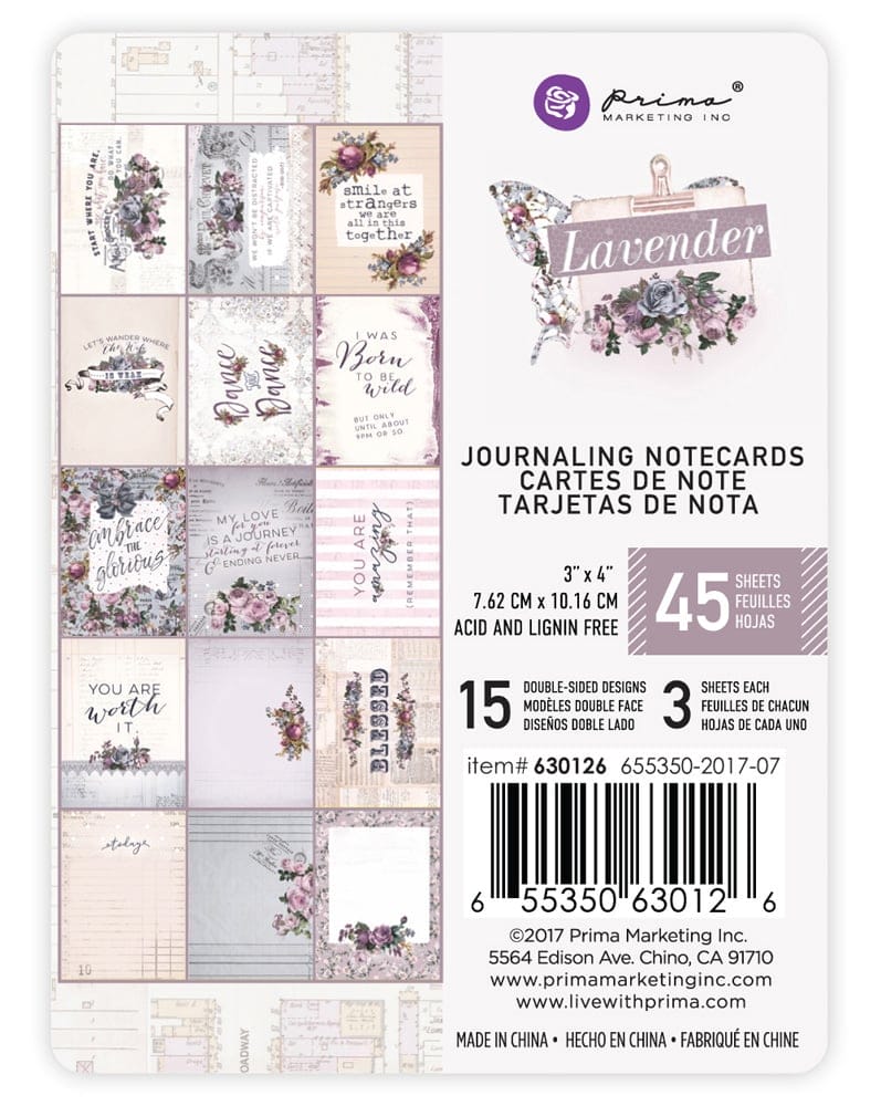 Prima - Lavender Collection - 3 x 4 Journaling Cards