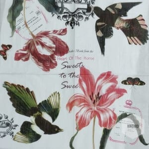 A pack of 12 by 12 inch Decoupage Napkins(5 pcs) - Vintage flowers and birds