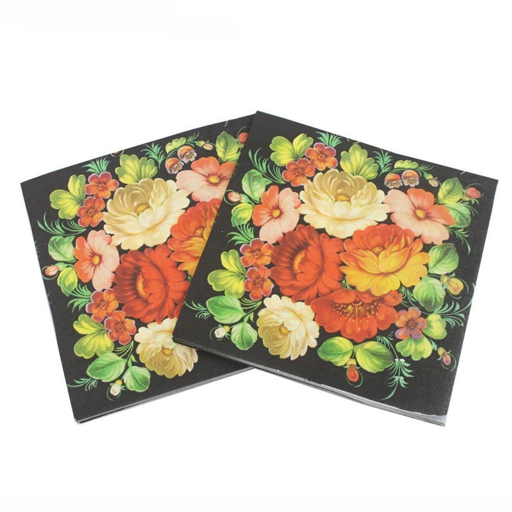 A pack of 12 by 12 inch Decoupage Napkins(5 pcs) - Red flowers on black background