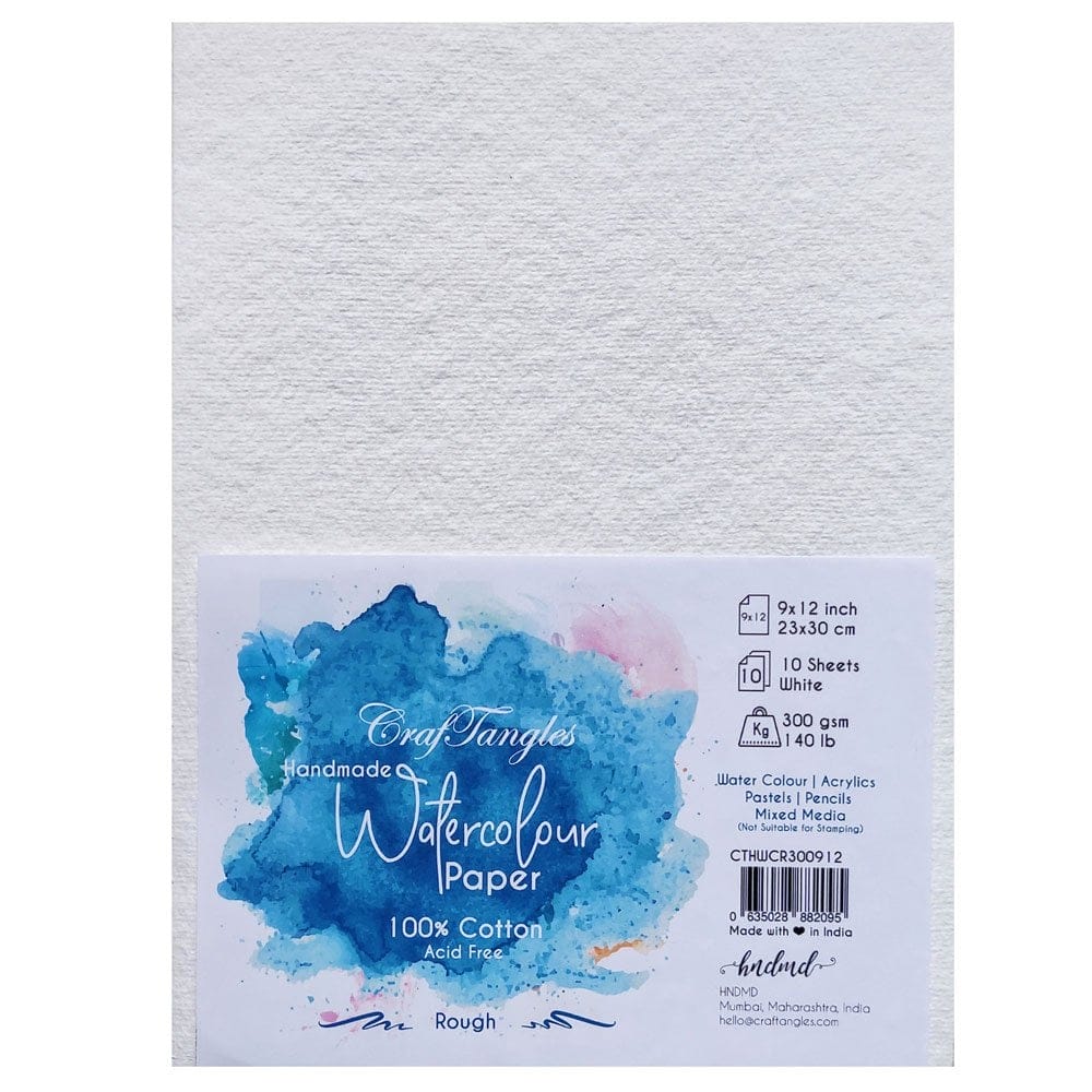 CrafTangles 100% cotton 300 gsm Rough handmade Watercolor Paper (Pack of 10) - 9 by 12 inches Handmade Watercolour Paper Rough 9x12 300GSM CrafTangles 100% cotton 300 gsm Rough handmade Watercolor Paper (Pack of 10) - 9 by 12 inches