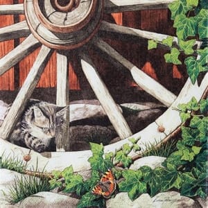 A pack of 12 by 12 inch Decoupage Napkins ( 5 pcs ) - Cat on an old Wheel