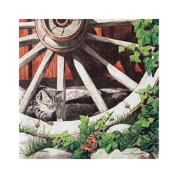 A pack of 12 by 12 inch Decoupage Napkins ( 5 pcs ) - Cat on an old Wheel