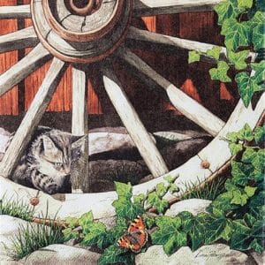 A pack of 12 by 12 inch Decoupage Napkins ( 5 pcs ) - Cat on an old Wheel