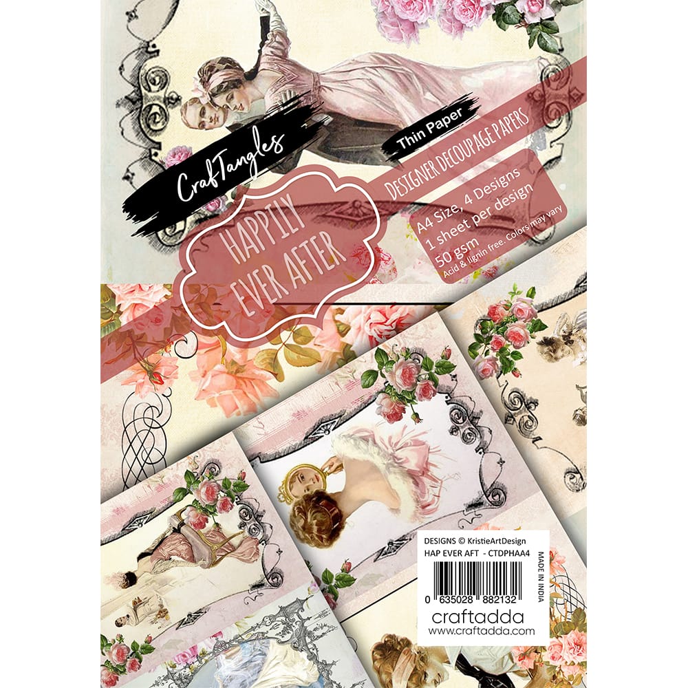 CrafTangles Decoupage Paper Pack - Happily Ever After (A4) - 4 sheets Happily Ever After CrafTangles Decoupage Paper 50gsm CrafTangles Decoupage Paper Pack - Happily Ever After (A4) - 4 sheets