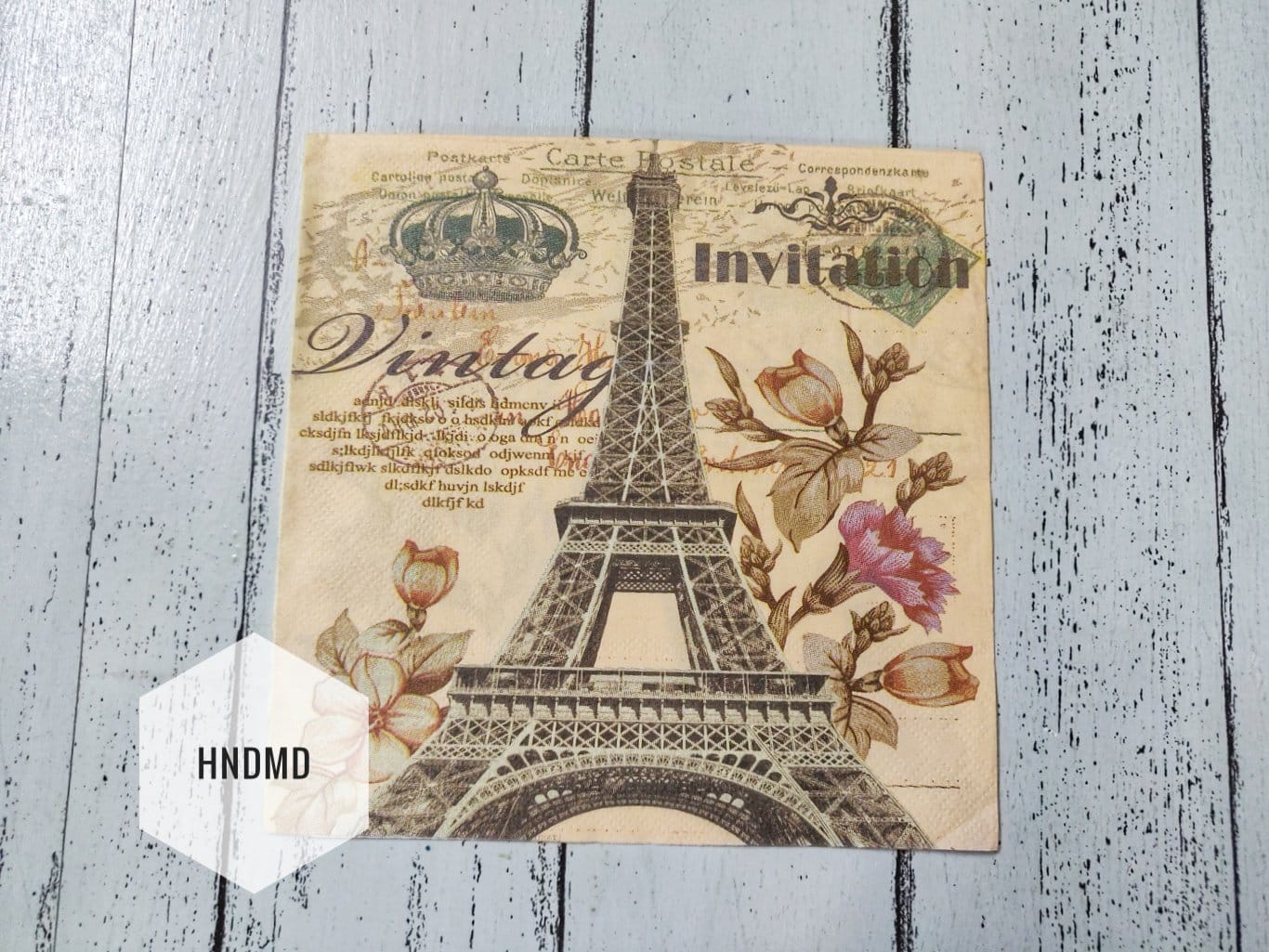 12 by 12 inch Decoupage Napkins / Decoupage Tissues (5 pcs) - Vintage Eiffel tower with flowers