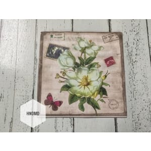A pack of 12 by 12 inch Decoupage Napkins / Decoupage Tissues (5 pcs) - Vintage flowers with stamps