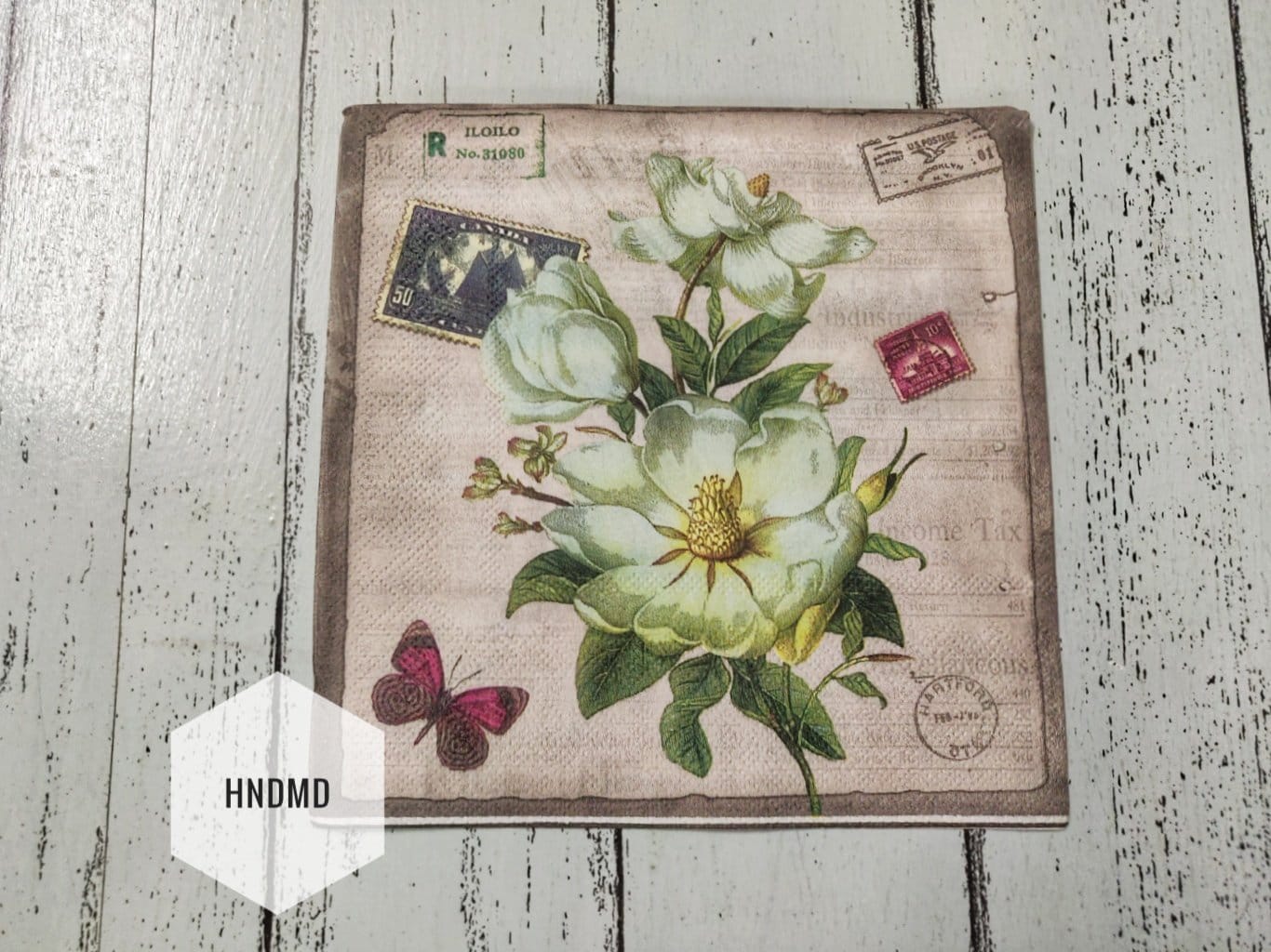 A pack of 12 by 12 inch Decoupage Napkins / Decoupage Tissues (5 pcs) - Vintage flowers with stamps