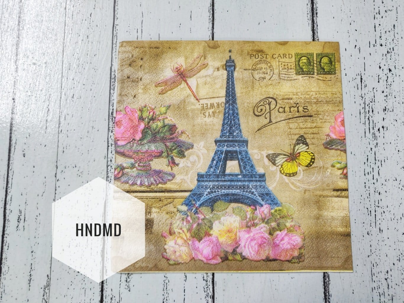 A pack of 12 by 12 inch Decoupage Napkins / Decoupage Tissues (5 pcs) - Eiffel Tower with colorful flowers