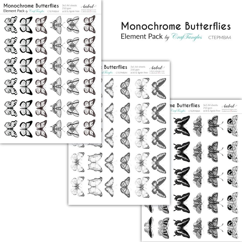 CrafTangles Elements Pack - Monochrome Butterflies (3 sheets of A4) 42 Monochrome Butterflies CrafTangles Elements Pack - Monochrome Butterflies (3 sheets of A4)