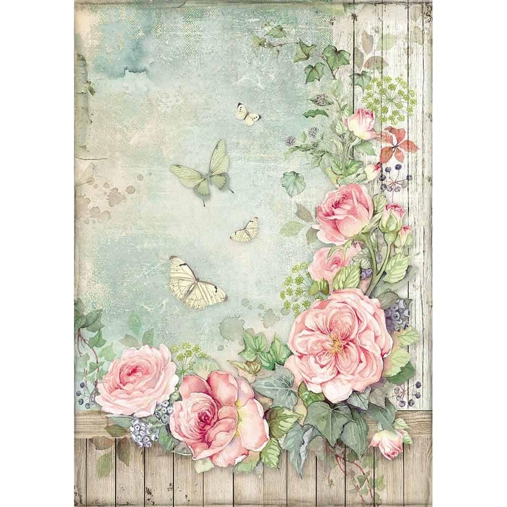 Stamperia Rice Paper A4 - Roses Garden with Fence DFSA4450 stamperia rice paper roses garden fence Stamperia Rice Paper A4 - Roses Garden with Fence