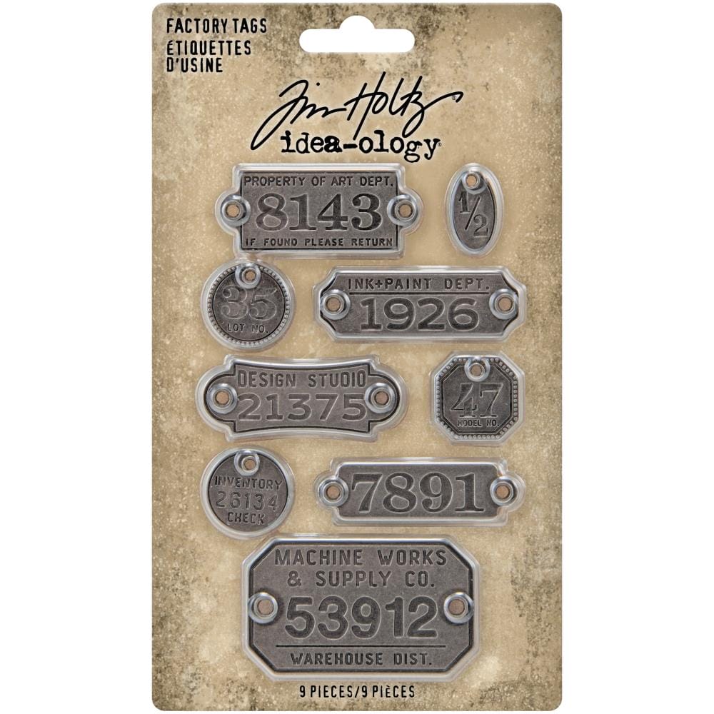 Tim Holtz Idea-Ology Metal Factory Tags 9/Pkg TH94039 tim holtz metal tags Tim Holtz Idea-Ology Metal Factory Tags 9/Pkg
