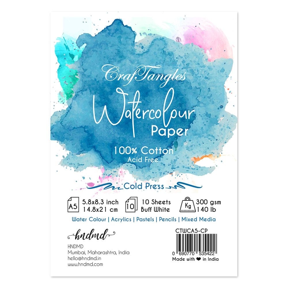 CrafTangles 100% cotton cold press 300 gsm Watercolor Paper (Pack of 10 sheets) - A5 Watercolour Paper Cold Press A5 300GSM CrafTangles 100% cotton cold press 300 gsm Watercolor Paper (Pack of 10 sheets) - A5