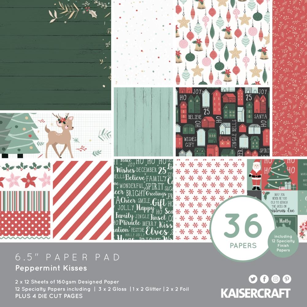 KaiserCraft paper pad - Peppermint Kisses (Christmas) (6.5 by 6.5 inch) - 36 sheets plus 4 die cut sheets