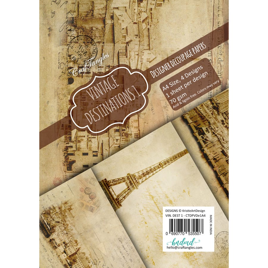 CrafTangles Decoupage Paper Pack - Vintage Destinations 1 (A4) - 4 sheets Vintage Destinations 1 Decoupage A4 CrafTangles Decoupage Paper Pack - Vintage Destinations 1 (A4) - 4 sheets