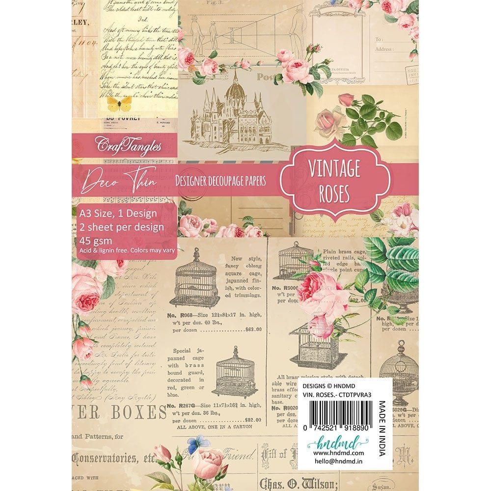 CrafTangles Deco Thin Decoupage Paper A3 (45 gsm) - Vintage Roses - 2 sheets CrafTangles Deco Thin Paper Vintage Roses CrafTangles Deco Thin Decoupage Paper A3 (45 gsm) - Vintage Roses - 2 sheets