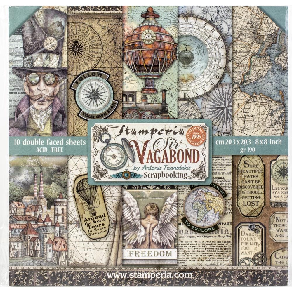Stamperia Double-Sided Paper Pad 8"X8" 10/Pkg - Sir Vagabond SBBS25 Stamperia Sir Vagabond 8by8 Stamperia Double-Sided Paper Pad 8"X8" 10/Pkg - Sir Vagabond