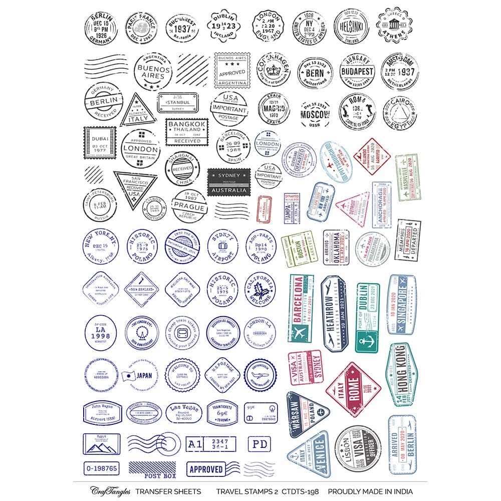 CrafTangles A4 Transfer It Sheets - Travel Stamps 2