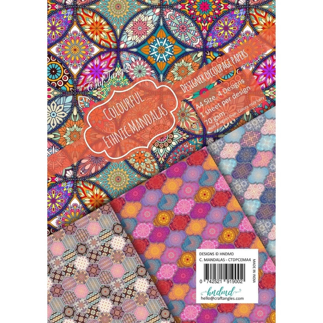 CrafTangles Decoupage Paper Pack - Colourful Ethnic Mandalas (A4) - 4 sheets Colourful Ethnic Mandalas A4 CrafTangles Decoupage Paper Pack - Colourful Ethnic Mandalas (A4) - 4 sheets